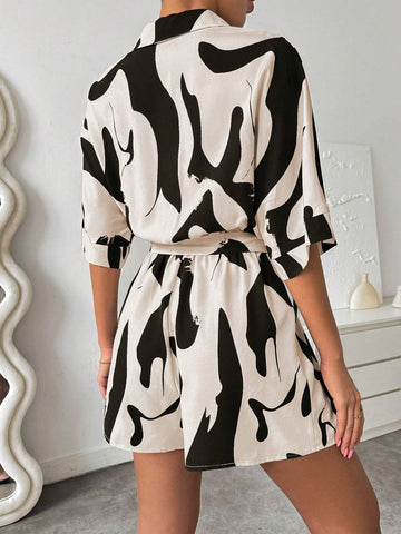 Women's Casual Random Pattern Print Bat-Wing Sleeve Loose Shirt And Shorts Playsuit