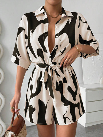 Women's Casual Random Pattern Print Bat-Wing Sleeve Loose Shirt And Shorts Playsuit