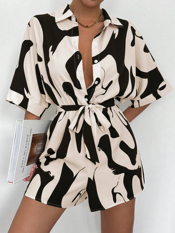 Women's Casual Random Pattern Print Bat-Wing Sleeve Loose Shirt And Shorts Playsuit