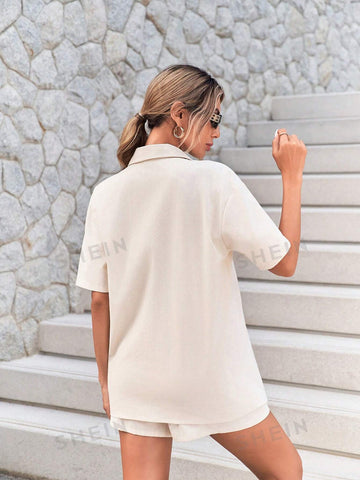 Women's Casual Short Sleeve Shirt And Shorts Set For Spring/Summer