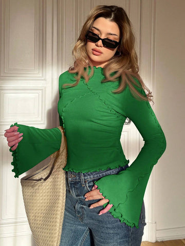 Women's Casual Simple Solid Color Bell Sleeve T-Shirt, Autumn