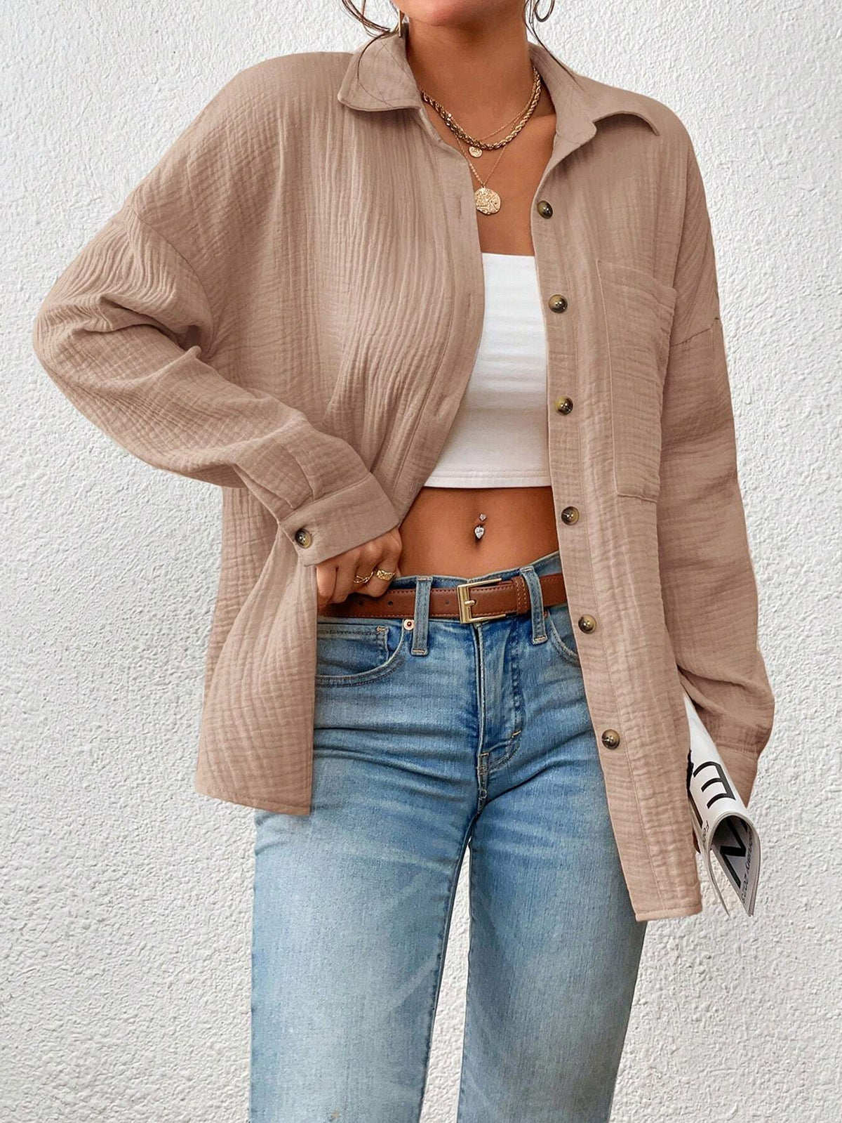 Essnce Women's Casual Solid Color Drop Shoulder Long Sleeve Pocket Shirt, For Autumn