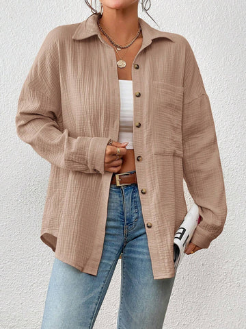 Essnce Women's Casual Solid Color Drop Shoulder Long Sleeve Pocket Shirt, For Autumn