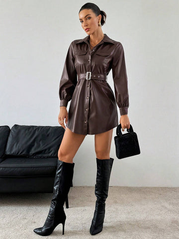 Women's Casual Solid Color Fold-Over Pocket Belted Mini Long Sleeve Shirt Dress PU Dress