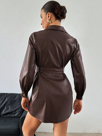 Women's Casual Solid Color Fold-Over Pocket Belted Mini Long Sleeve Shirt Dress PU Dress