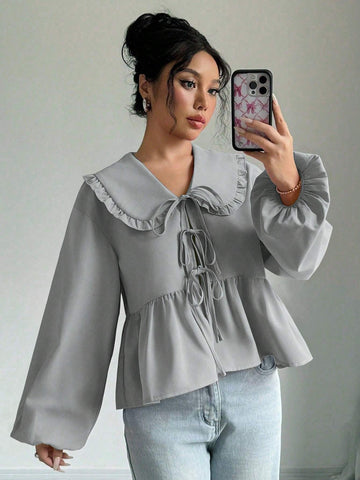 Essnce Women's Casual Solid Color Peter Pan Collar Ruffle Hem Blouse, Autumn