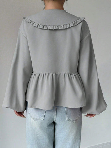 Essnce Women's Casual Solid Color Peter Pan Collar Ruffle Hem Blouse, Autumn