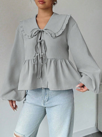 Essnce Women's Casual Solid Color Peter Pan Collar Ruffle Hem Blouse, Autumn