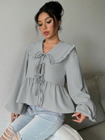 Essnce Women's Casual Solid Color Peter Pan Collar Ruffle Hem Blouse, Autumn