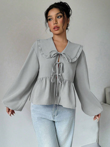 Essnce Women's Casual Solid Color Peter Pan Collar Ruffle Hem Blouse, Autumn