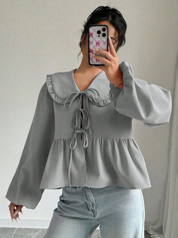 Essnce Women's Casual Solid Color Peter Pan Collar Ruffle Hem Blouse, Autumn