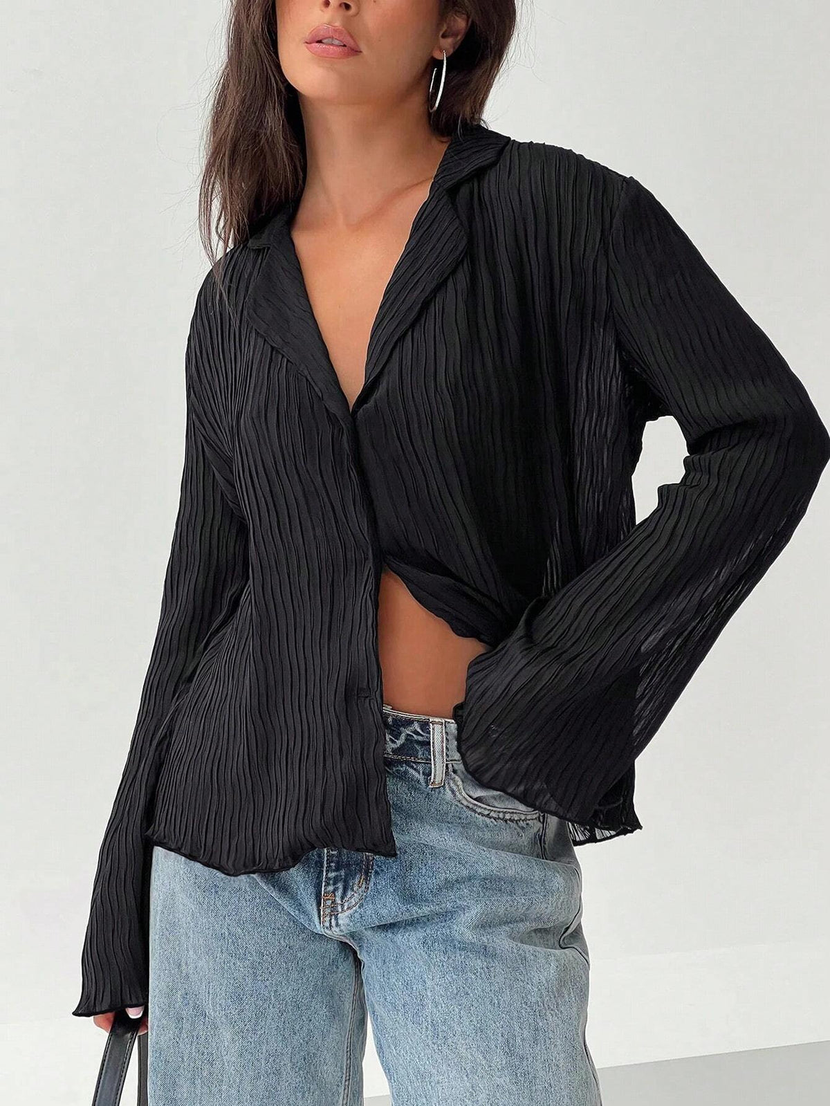 Essnce Women's Casual Solid Color Textured Shirt, Spring Autumn Blouse