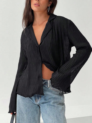 Essnce Women's Casual Solid Color Textured Shirt, Spring Autumn Blouse