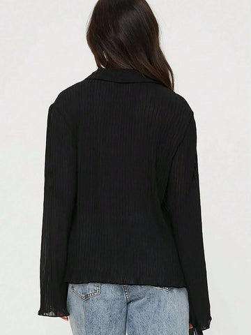 Essnce Women's Casual Solid Color Textured Shirt, Spring Autumn Blouse