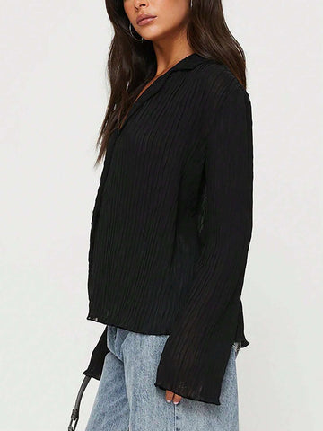 Essnce Women's Casual Solid Color Textured Shirt, Spring Autumn Blouse