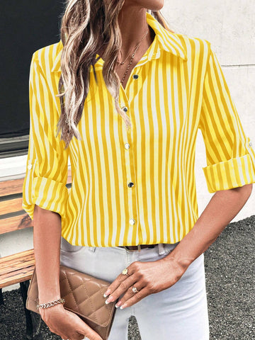 Essnce Women's Casual Striped Button Front Long Sleeve Shirt, Spring/Summer