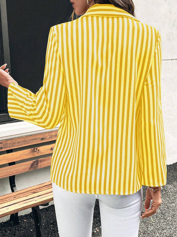 Essnce Women's Casual Striped Button Front Long Sleeve Shirt, Spring/Summer