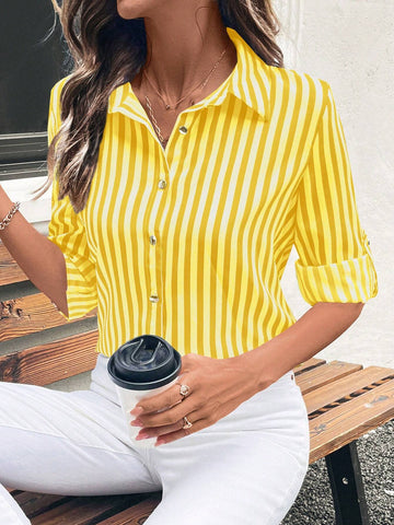 Essnce Women's Casual Striped Button Front Long Sleeve Shirt, Spring/Summer