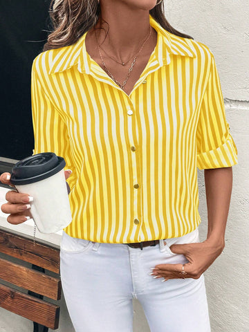 Essnce Women's Casual Striped Button Front Long Sleeve Shirt, Spring/Summer