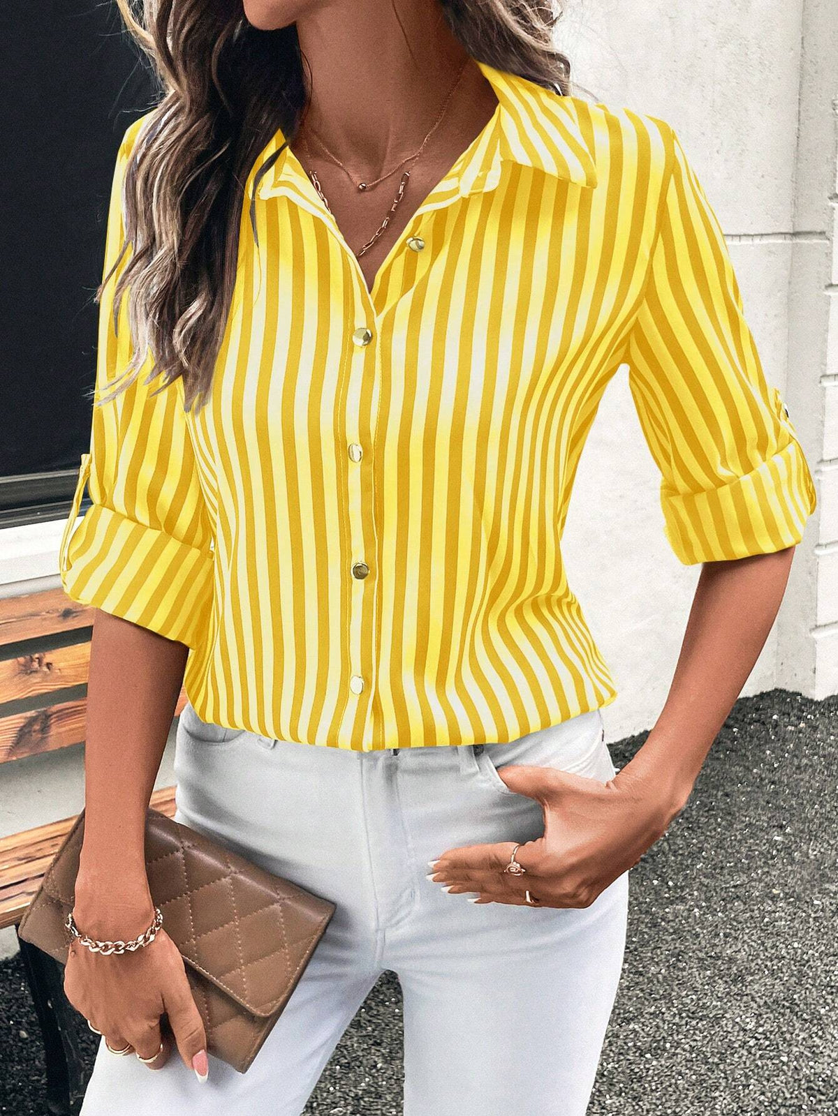 Essnce Women's Casual Striped Button Front Long Sleeve Shirt, Spring/Summer