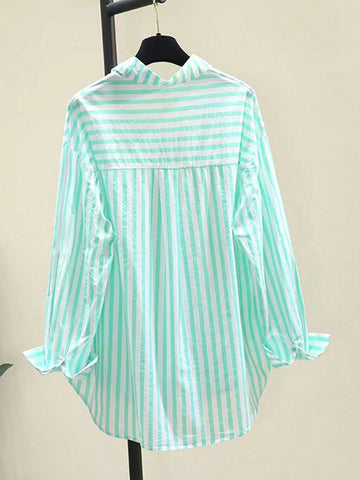 Essnce Women's Casual Striped Print Long Sleeve Chest Pocket Shirt, Autumn &Winter