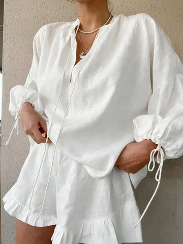 Women's Casual Vacation Drawstring Breathable & Sweat-Absorbent Lantern Sleeve Ruffle Trim V-Neck Shirt & Shorts Set