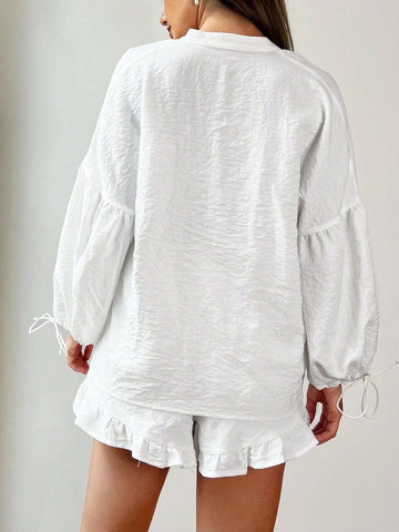 Women's Casual Vacation Drawstring Breathable & Sweat-Absorbent Lantern Sleeve Ruffle Trim V-Neck Shirt & Shorts Set