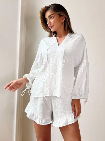 Women's Casual Vacation Drawstring Breathable & Sweat-Absorbent Lantern Sleeve Ruffle Trim V-Neck Shirt & Shorts Set