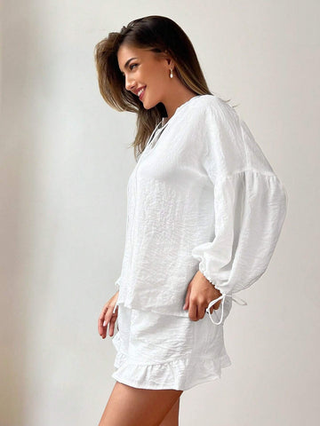Women's Casual Vacation Drawstring Breathable & Sweat-Absorbent Lantern Sleeve Ruffle Trim V-Neck Shirt & Shorts Set