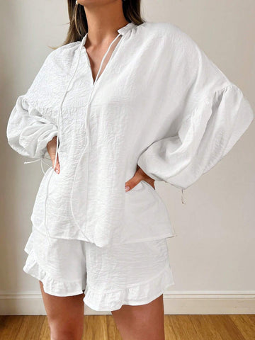 Women's Casual Vacation Drawstring Breathable & Sweat-Absorbent Lantern Sleeve Ruffle Trim V-Neck Shirt & Shorts Set