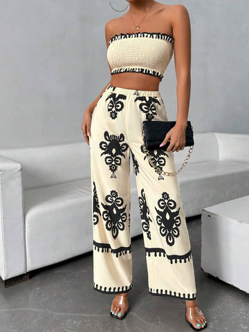 Women's Casual Vacation Spring/Summer Strapless Two-Piece Set, Geometric Print