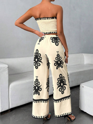 Women's Casual Vacation Spring/Summer Strapless Two-Piece Set, Geometric Print