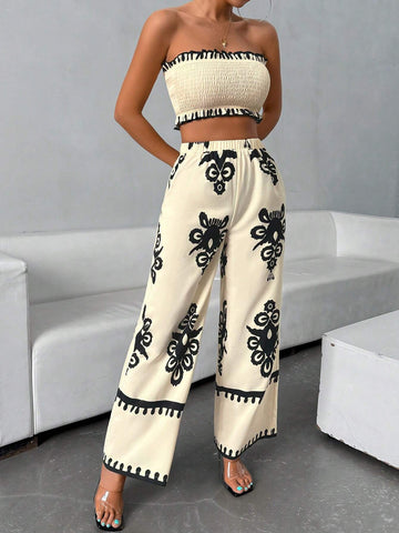 Women's Casual Vacation Spring/Summer Strapless Two-Piece Set, Geometric Print