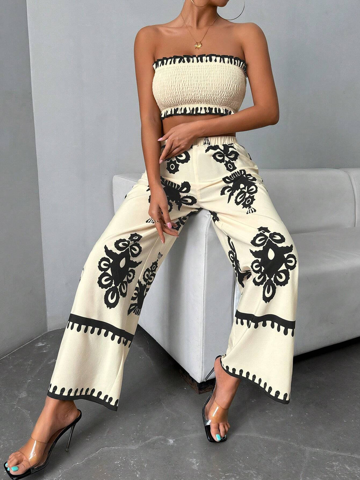 Women's Casual Vacation Spring/Summer Strapless Two-Piece Set, Geometric Print