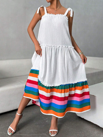 Women's Color-Block Halterneck Dress With Ruffled Hem And Self-Tie, Sleeveless For Summer
