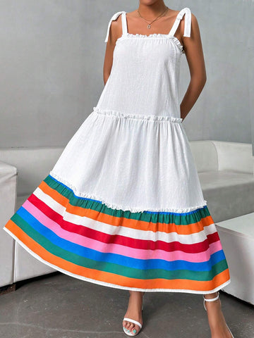 Women's Color-Block Halterneck Dress With Ruffled Hem And Self-Tie, Sleeveless For Summer