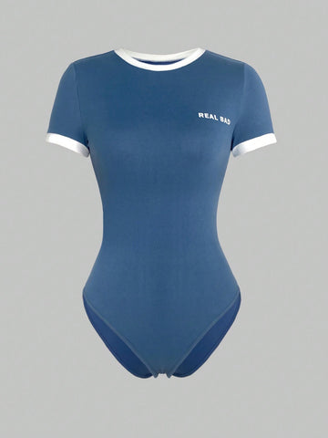 Women's Color Block Short Sleeve Simple Casual Bodysuit