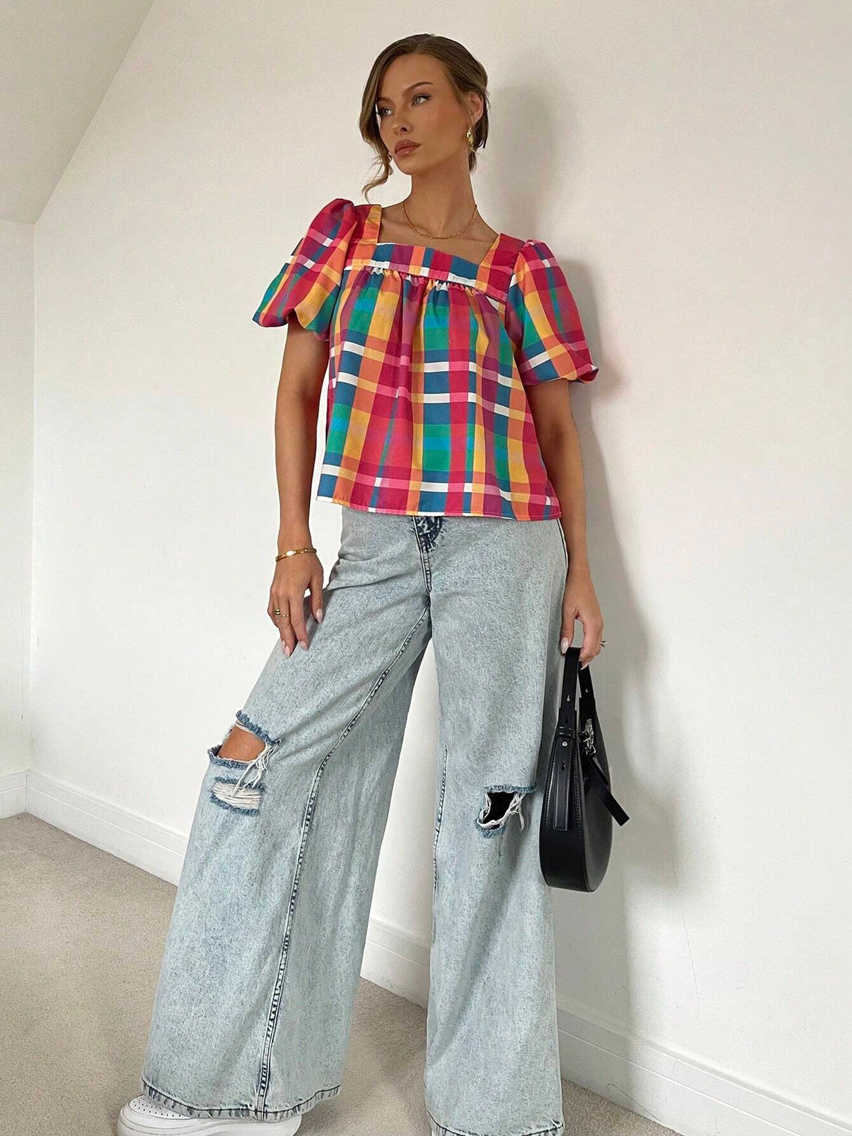 Essnce Women's Colorful Plaid Square Collar Puff Sleeve Shirt, Unique & Cute Babydoll Blouse