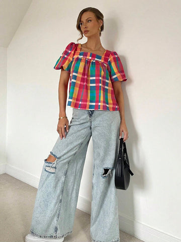 Essnce Women's Colorful Plaid Square Collar Puff Sleeve Shirt, Unique & Cute Babydoll Blouse