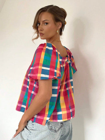 Essnce Women's Colorful Plaid Square Collar Puff Sleeve Shirt, Unique & Cute Babydoll Blouse