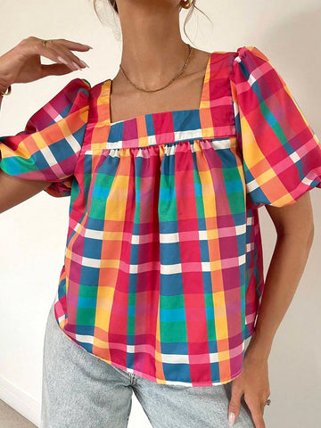 Essnce Women's Colorful Plaid Square Collar Puff Sleeve Shirt, Unique & Cute Babydoll Blouse