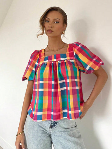 Essnce Women's Colorful Plaid Square Collar Puff Sleeve Shirt, Unique & Cute Babydoll Blouse