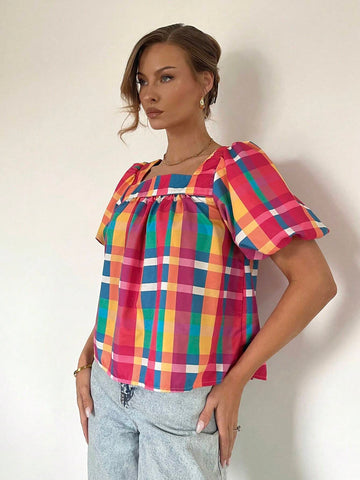 Essnce Women's Colorful Plaid Square Collar Puff Sleeve Shirt, Unique & Cute Babydoll Blouse