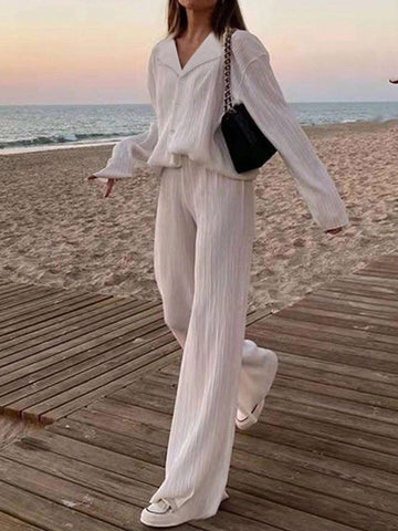 Women's Comfortable Solid Color Shirt And Pants Two-Piece Set