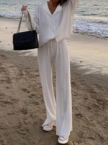 Women's Comfortable Solid Color Shirt And Pants Two-Piece Set