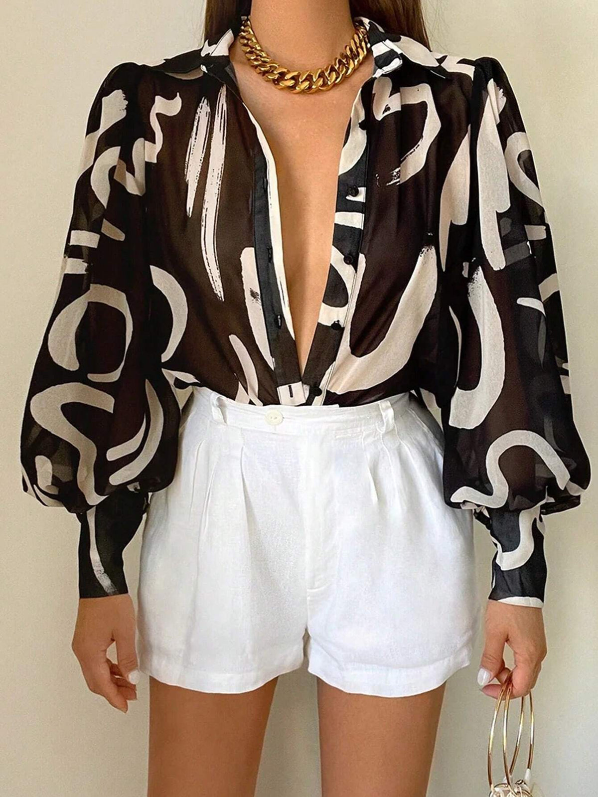 Essnce Women's Contrast Color Print Long Sleeve Button-Up Blouse