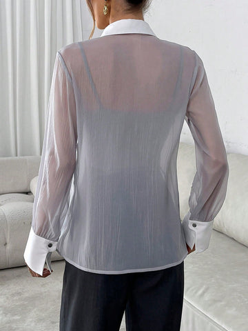 Essnce Women's Contrast Color Sheer Button Front Long Sleeve Blouse