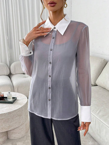 Essnce Women's Contrast Color Sheer Button Front Long Sleeve Blouse