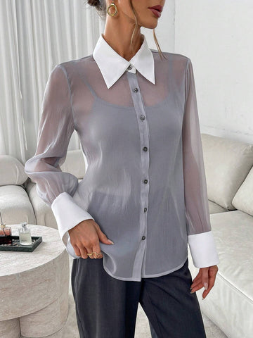 Essnce Women's Contrast Color Sheer Button Front Long Sleeve Blouse
