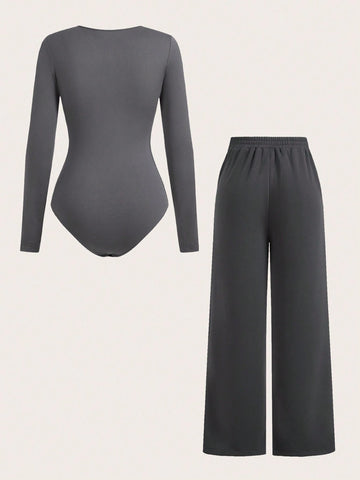 Women's Crew Neck Long Sleeve Printed Jumpsuit & Wide Leg Thin Sweatpants 2 Piece Set, Casual Daily All-Match